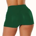 Detail view of high waist dark green pu leather shorts showing butt lifting fit and slim cut - Dark Green