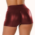 Close-up back view of wine red high-waisted PU leather shorts with glossy metallic finish - S / Bottoms / Burgundy