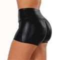 Detail shot of black high-waisted shiny faux leather shorts with scrunch butt lift design - S / Black