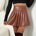 Brown high-waisted PU leather pleated mini skirt with elegant wide pleats - S / Brown