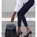 Women's slim fit dark blue high waist cropped trousers styled with high heels - S / Navy Blue