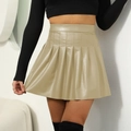 High-waisted khaki PU pleated mini skirt with glossy faux leather finish for women - S / Nude