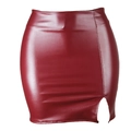 Detail showing the side slit and high-waist cut of the dark red PU leather mini skirt - S / Burgundy
