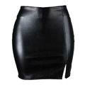 Detail view of the side slit and smooth PU leather texture on this high waist black skirt - S / Black