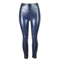 Close-up of high-waist dark blue shiny PU leather leggings with metallic finish and slim fit - S / Shiny Navy Blue