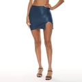 Metallic navy blue PU leather mini skirt with high waist and side slit detail - Navy Blue