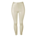 Macro view of high-waist beige faux leather leggings with glossy finish and elastic texture - S / Shiny Nude