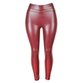 Detail view of high-waist burgundy faux leather leggings with shiny finish and slim fit - S / Shiny Wine Red