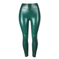 Detail of high waisted dark green faux leather leggings with shiny metallic finish texture - S / Shiny Dark Green