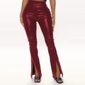 Women's burgundy high-waisted PU leather flare pants with front slit details - S / Burgundy