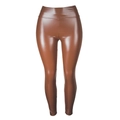 Detail of high-waist caramel brown PU leather leggings with glossy reflective finish - S / Shiny Brown