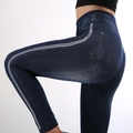 Dark blue high waisted faux denim leggings featuring stylish side white polka dot stripes - Blue