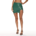 Deep green PU leather mini skirt with high side slit and slim fit bodycon style for women - Dark Green
