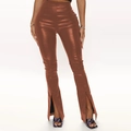 Women's high waist bronze PU leather flared pants with front split hem details - S / Brown