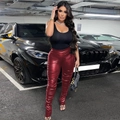 Women's high waist red faux leather ruched stacked pants in a shiny metallic finish - S / Burgundy