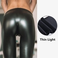 Leggings negros brillantes de cuero sintético con talle alto y material elástico fino - S / Negro Brillante Sin Forro