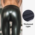Leggings de cuero sintético negro para mujer con talle alto, forro polar y efecto push-up - S / Negro Brillante Forro Fino