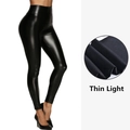 Leggings de cuero sintético negro de talle alto para mujer en tejido elástico fino y ligero - S / Fino Brillante / Negro Brillante
