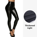 Pantalones de cuero PU negro de cintura alta para mujer con forro polar cálido - S / Engrosado Brillante / Negro Brillante
