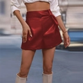 Women's dark red high-waisted PU leather shorts with wrap-style waist tie and A-line cut - S / Burgundy
