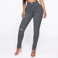 Slim fit high waisted grey ripped jeans for women with distressed knees and stretch fabric - S / Gray