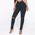 Women's black high-waisted skinny jeans with trendy distressed ripped knee details - S / Black