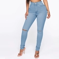 Slim fit high-waisted distressed jeans in light blue stretch denim with knee cutouts - S / Light Blue