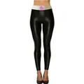 Macro detail of high-waist black faux leather leggings with wide printed contrast waistband - S / Black
