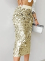 Detailaufnahme der goldenen Pailletten am eleganten Midirock mit elastischem Bund - S / Gold