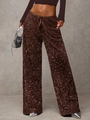 Detail of high-waist brown sequin wide-leg pants with adjustable drawstring waist - S / Coffee