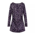 Sparkly dark purple sequined long sleeve mini party dress with slim fit design - XS / Deep purple