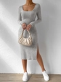 Elegantes graues Strickkleid mit quadratischem Ausschnitt, Langarm und Seitenschlitz - S / Grau
