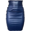 Jupe moulante en cuir PU bleu foncé à taille haute avec détails plissés horizontaux - Bleu marine