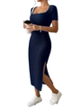 Slim fit square neck short sleeve navy blue ribbed knit midi dress with side slit detail - Sapphire Blue