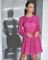 Chic rose pink sequin long sleeve mini dress with a matching belt for evening parties - S / Rose Red
