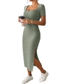 Detail of square neckline and side slit on gray-green ribbed knit midi dress for women - Army Green