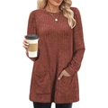 Close-up of ribbed knit texture and functional front pockets on long sleeve red sweater - Tan