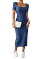 Detalle de vestido midi azul en punto acanalado con escote cuadrado y manga corta - XS / Azul