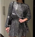 Elegant silver sequin mini dress with long sleeves and cinched waist for party wear - S / Black Silver