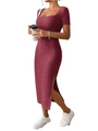Detailed view of square neck knitted dress in burgundy with a sexy side slit detail - Rouge Red