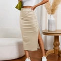 Chique beige midi-rok met hoge taille, zijsplit en geplooide ruches details - S / Beige