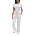 Women's pure white two-piece lounge set with short sleeve pleated top and wide leg pants - Light Grey