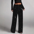 Sparkly black sequin wide leg trousers with adjustable drawstring waist for women - S / Black