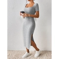 Vestido de punto gris entallado con escote cuadrado y detalle de abertura lateral - XS / Gris claro