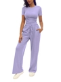 Women's casual lilac two-piece set featuring short sleeve top and drawstring wide leg pants - Light Purple