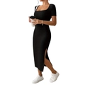 Vestido midi ajustado negro con escote cuadrado y abertura lateral en punto de canalé - XS / Negro