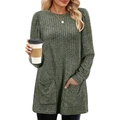 Maglia lunga da donna in maglia a coste verde oliva con girocollo e doppie tasche frontali - S / Verde Militare