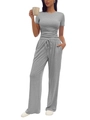 Women's grey two-piece lounge set with short sleeve t-shirt and drawstring wide-leg pants - Heather Grey