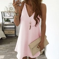 Detailed close-up of a pink V-neck chiffon dress with a stylish A-line silhouette - S / Pink