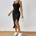 Abito midi in maglia a coste nero senza maniche con spacco laterale e scollo quadrato - S / Nero